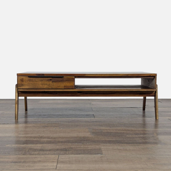 1. Acacia wood coffee table by Feathers Furniture, Scandinavian-inspired, one drawer and open shelf, mid-century style.