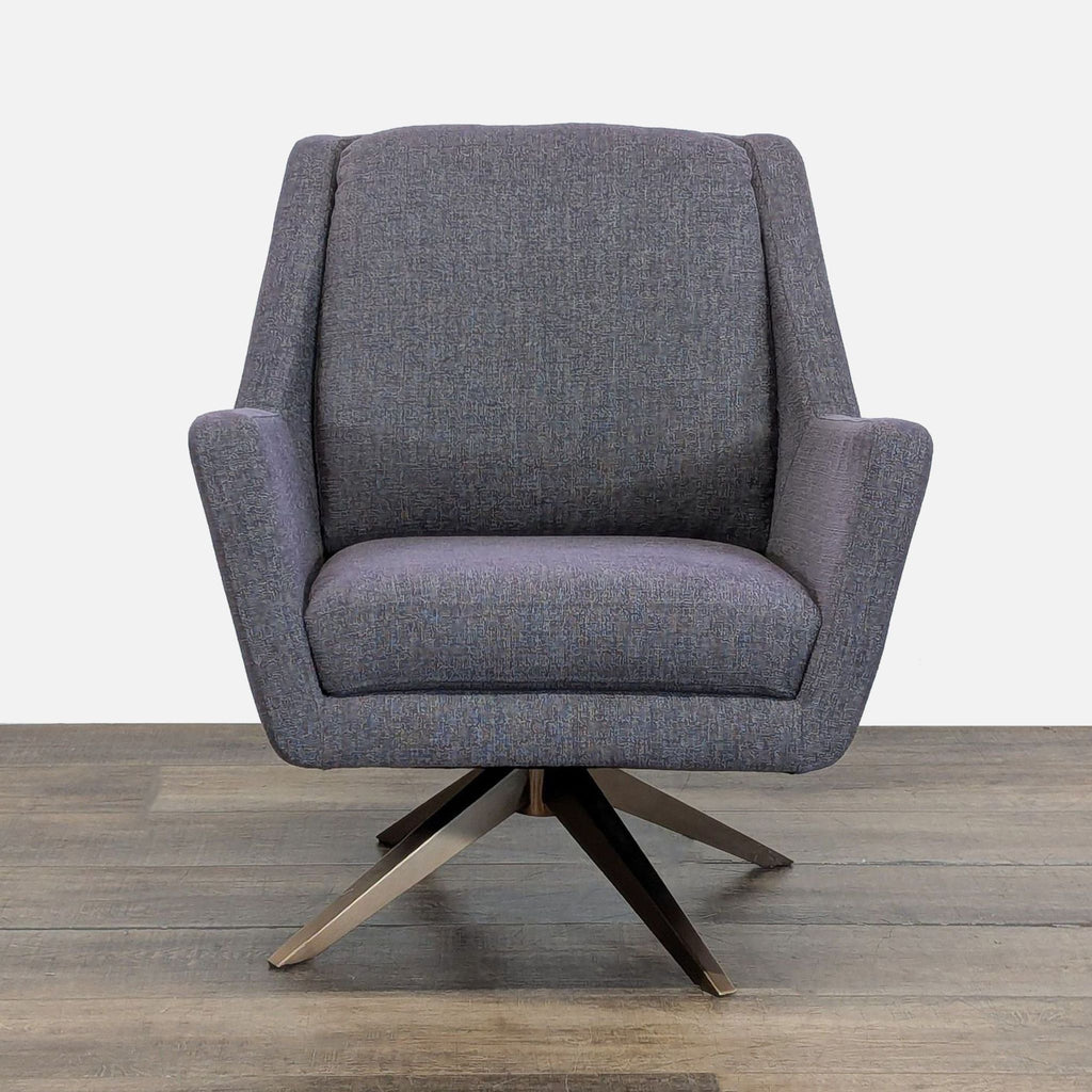 1. Front view of a modern Reperch lounge swivel chair with straight armrests and a pyramidal metal base.  