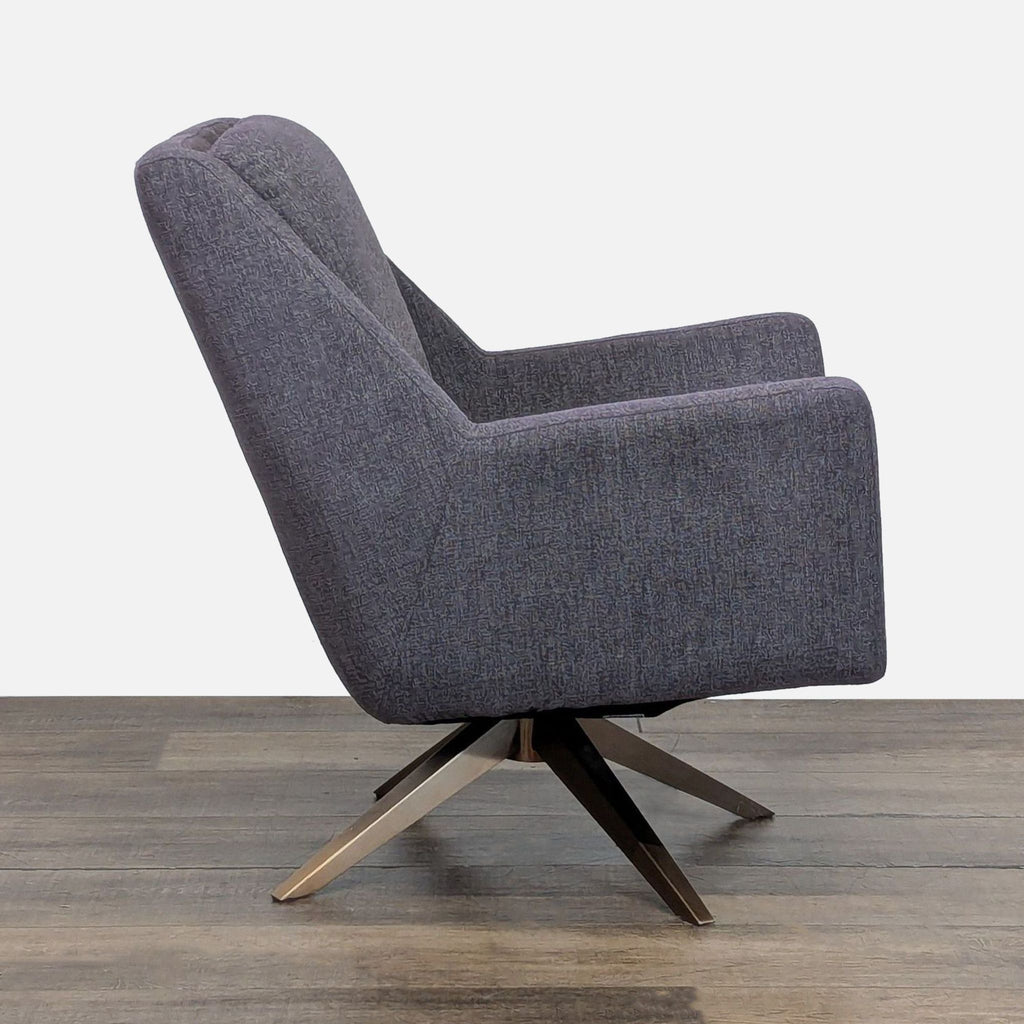 2. Side view of the Reperch lounge chair, showing its straight armrests and geometric swivel base.  