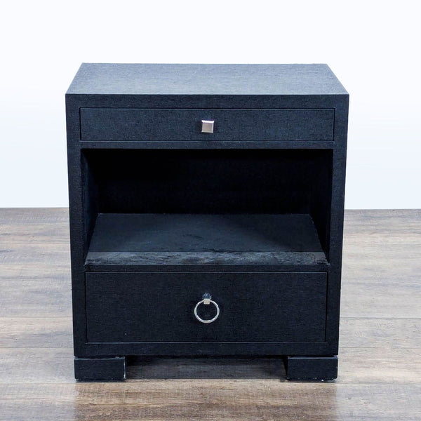 1. Black Reperch end table with two drawers and an open shelf, shown against a wood floor background.