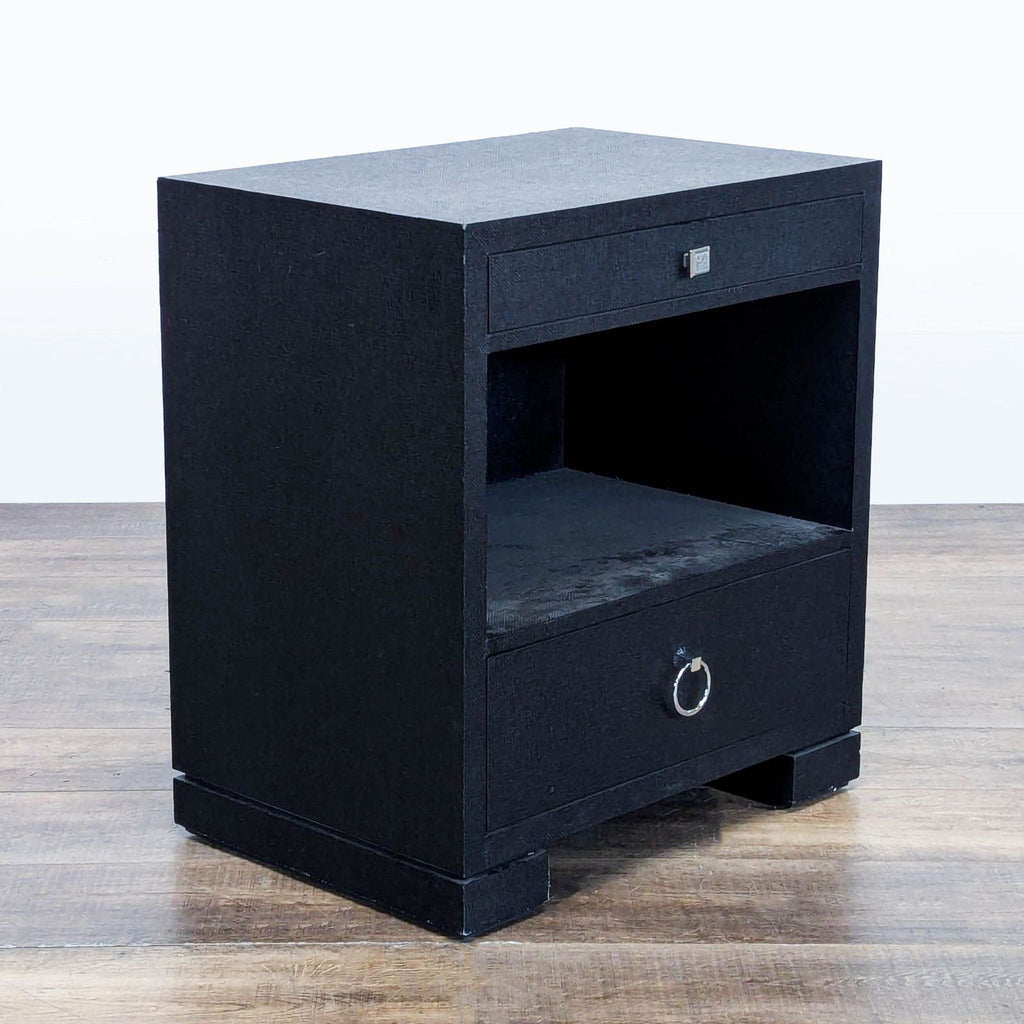 3. Reperch end table with two drawers and open shelf, rectangular design, in black wood finish.