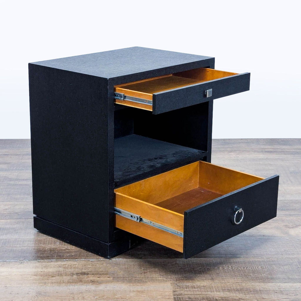 2. Angle view of a Reperch end table, both drawers open, featuring an open shelf in the middle section.