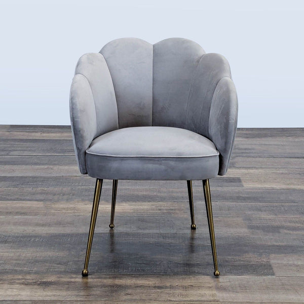 Front view of a gray velvet accent chair with brushed gold steel legs, by TOV Furniture.  