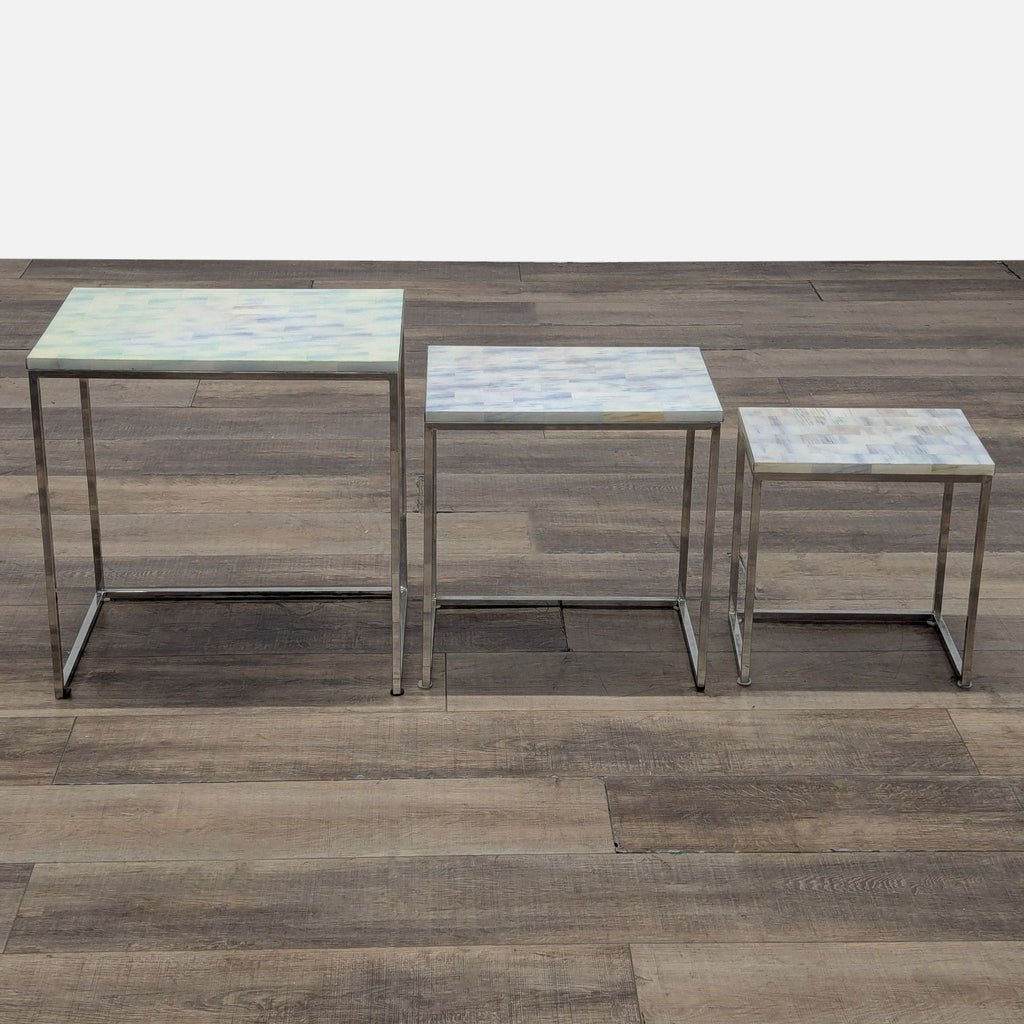 3. Three different-sized HD Buttercup end tables arranged in a row, each with chrome frames and mosaic surfaces.