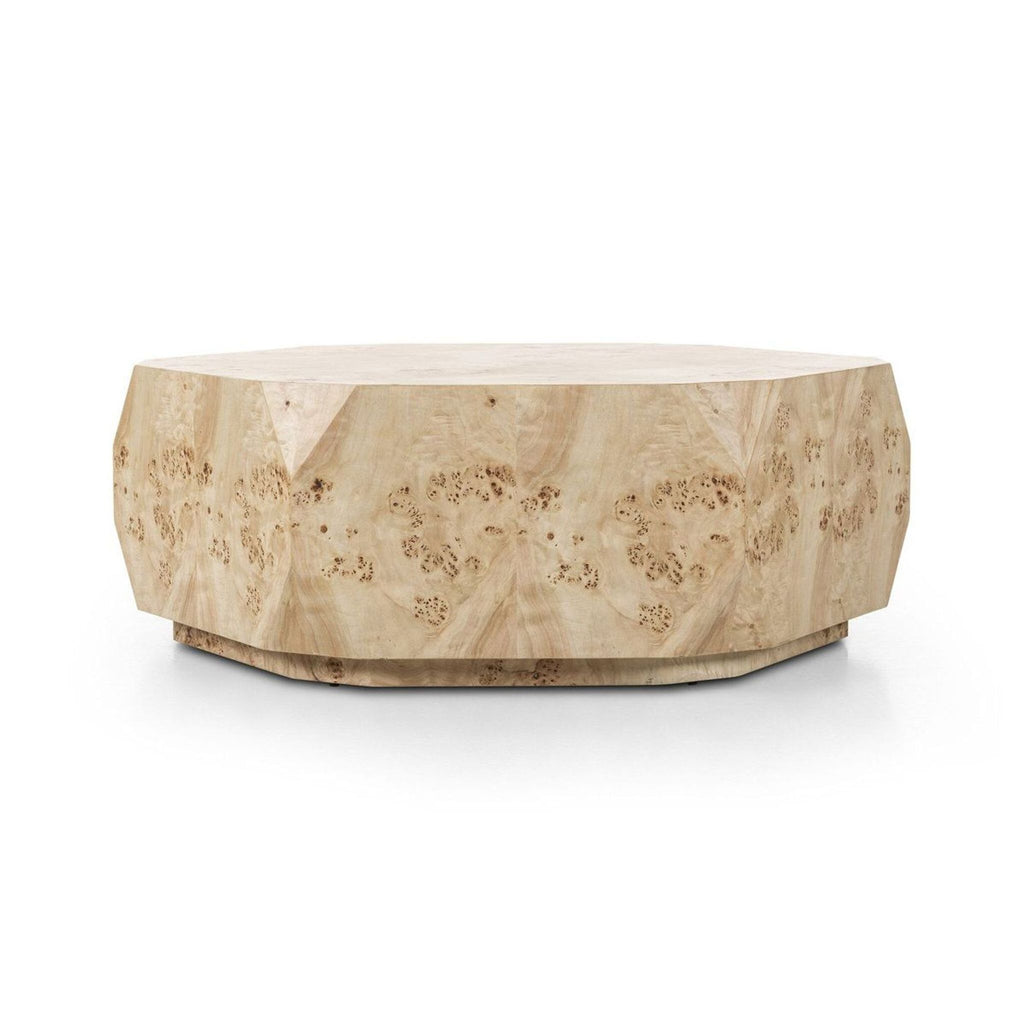1. Geometric Four Hands coffee table with light poplar burl veneer and plinth base, displaying unique wood grain.  