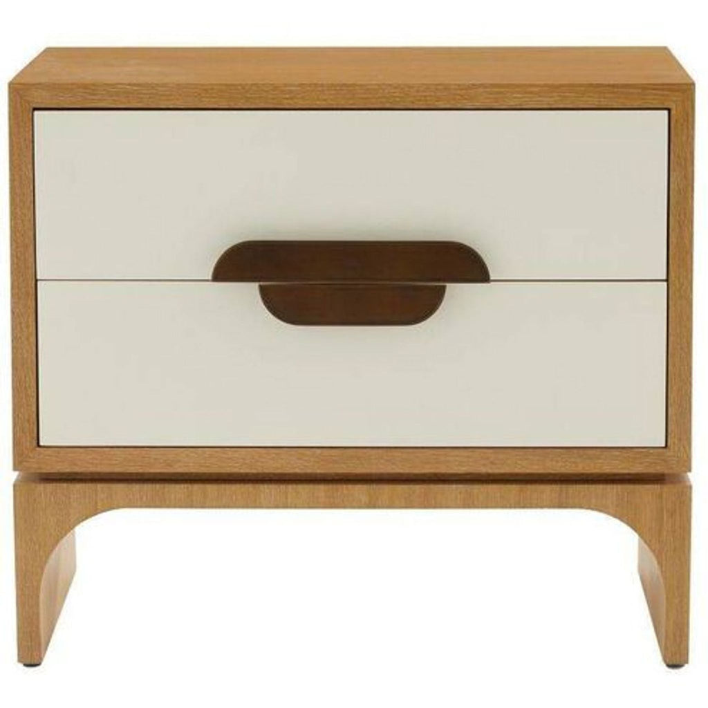 1. Modern side table by Arteriors Home with a white lacquer front, oak veneer frame, and heritage brass handles.