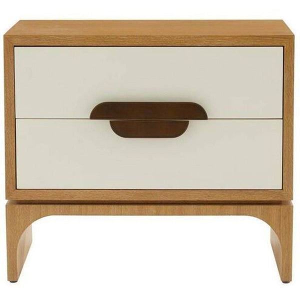 1. Modern side table by Arteriors Home with a white lacquer front, oak veneer frame, and heritage brass handles.