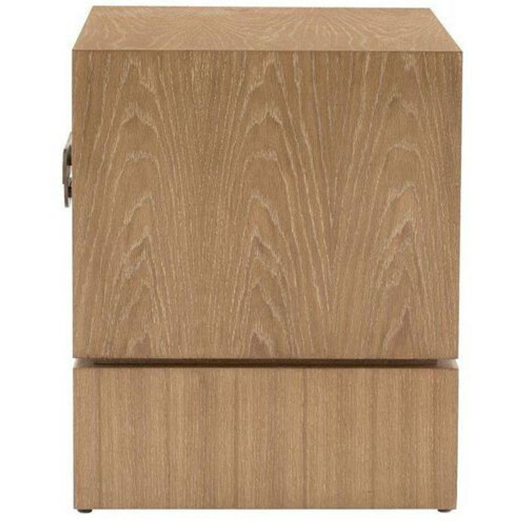 3. Side view of Arteriors Home oak veneered console table in oyster finish, showing wood grain and base detail.