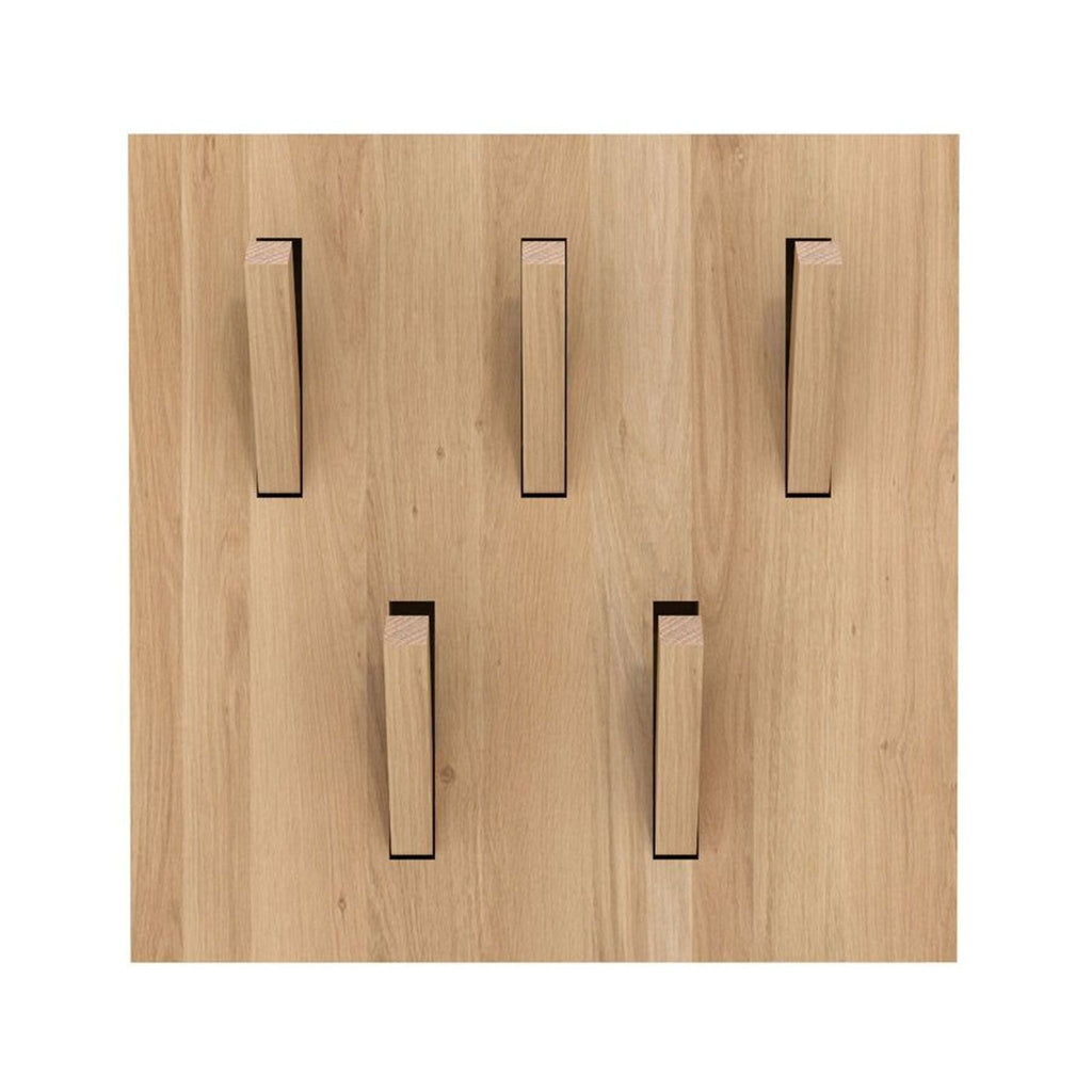 Square wooden wall panel with six protruding pegs, designed as a coat rack by Ethnicraft, category Other.  