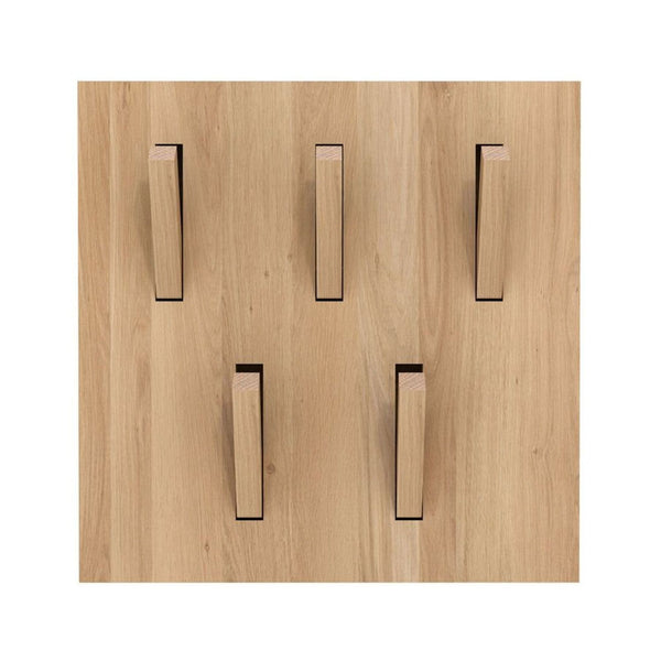 Square wooden wall panel with six protruding pegs, designed as a coat rack by Ethnicraft, category Other.  