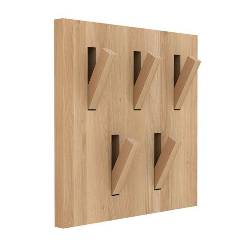 Angled view of an Ethnicraft wooden panel coat rack with six pegs, modern design, category Other.