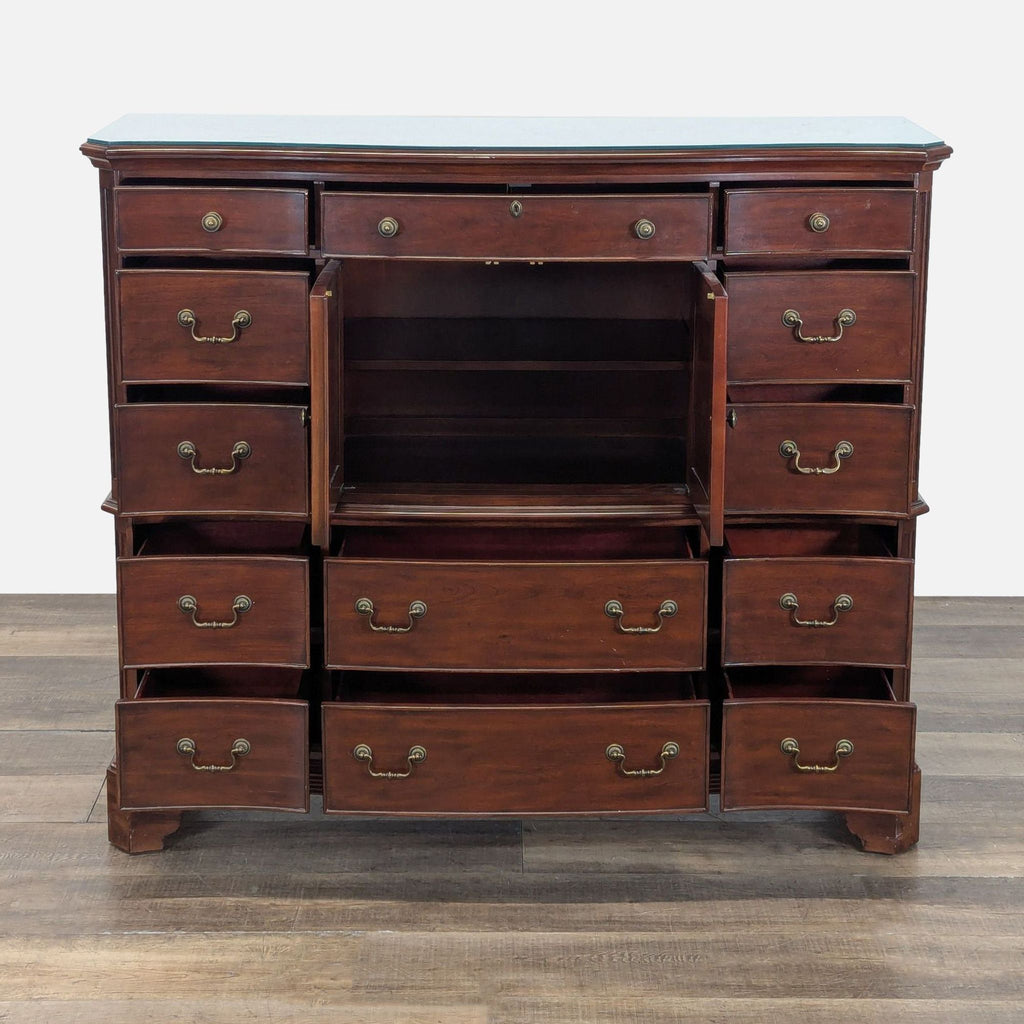 Reperch dresser in dark wood, showing all 13 drawers and central cabinet open, revealing interior storage.