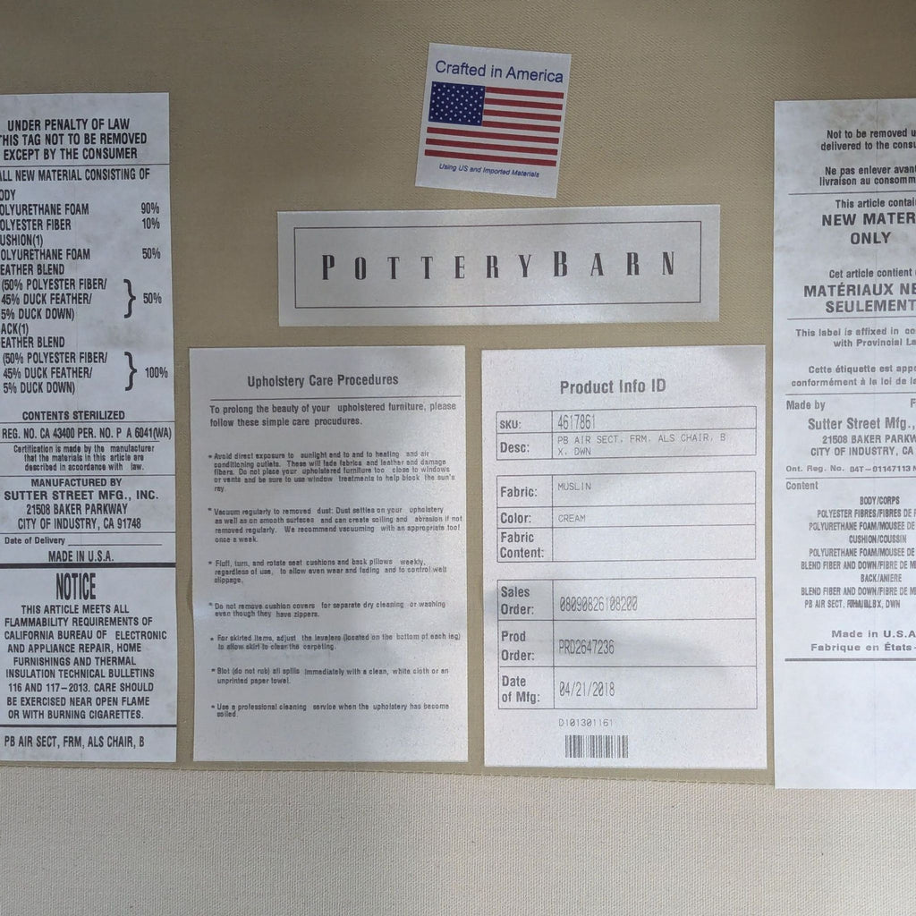 Pottery Barn Air Roll Arm Sectional with Chaise in Twill Cream