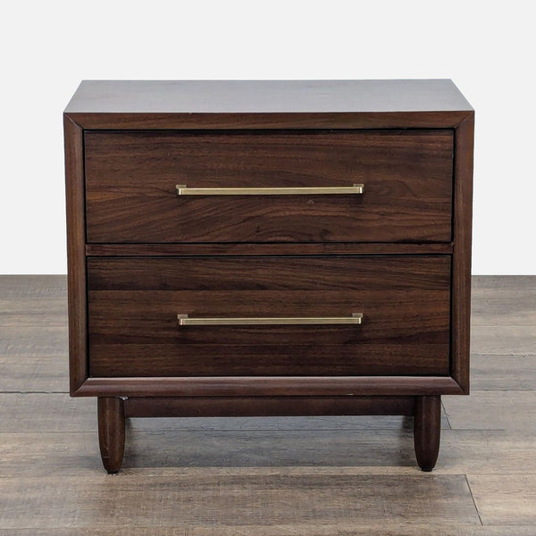 Mid-century modern Northridge Home end table with two drawers, walnut veneer, and brass hardware, front view.  