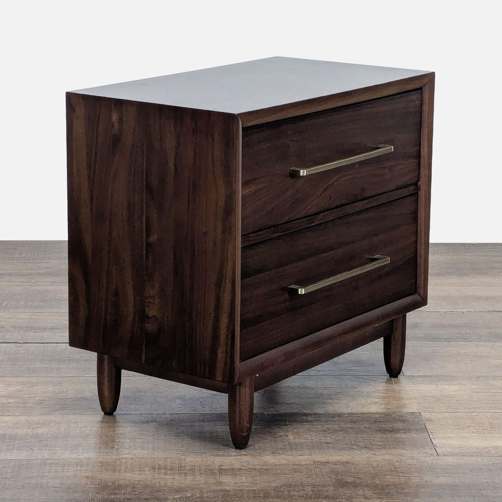 Oblique view of a walnut-finished Northridge Home end table with clean lines, brass pulls, and sturdy legs.