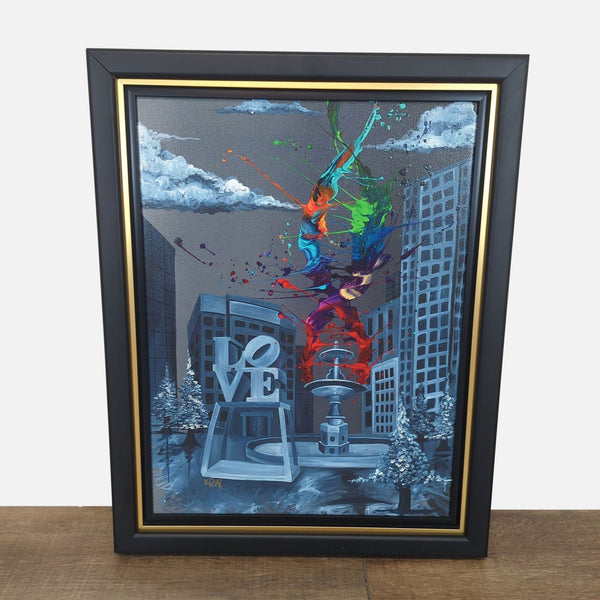 1. Framed Kre8 giclee print with hand embellishments, showing a cityscape with colorful paint splashes on canvas.
