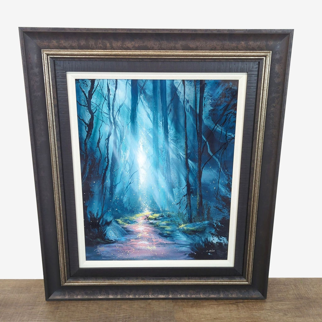 1. Framed Ashton Howard print of a mystical blue forest, dye sublimation on aluminum, signed by artist.