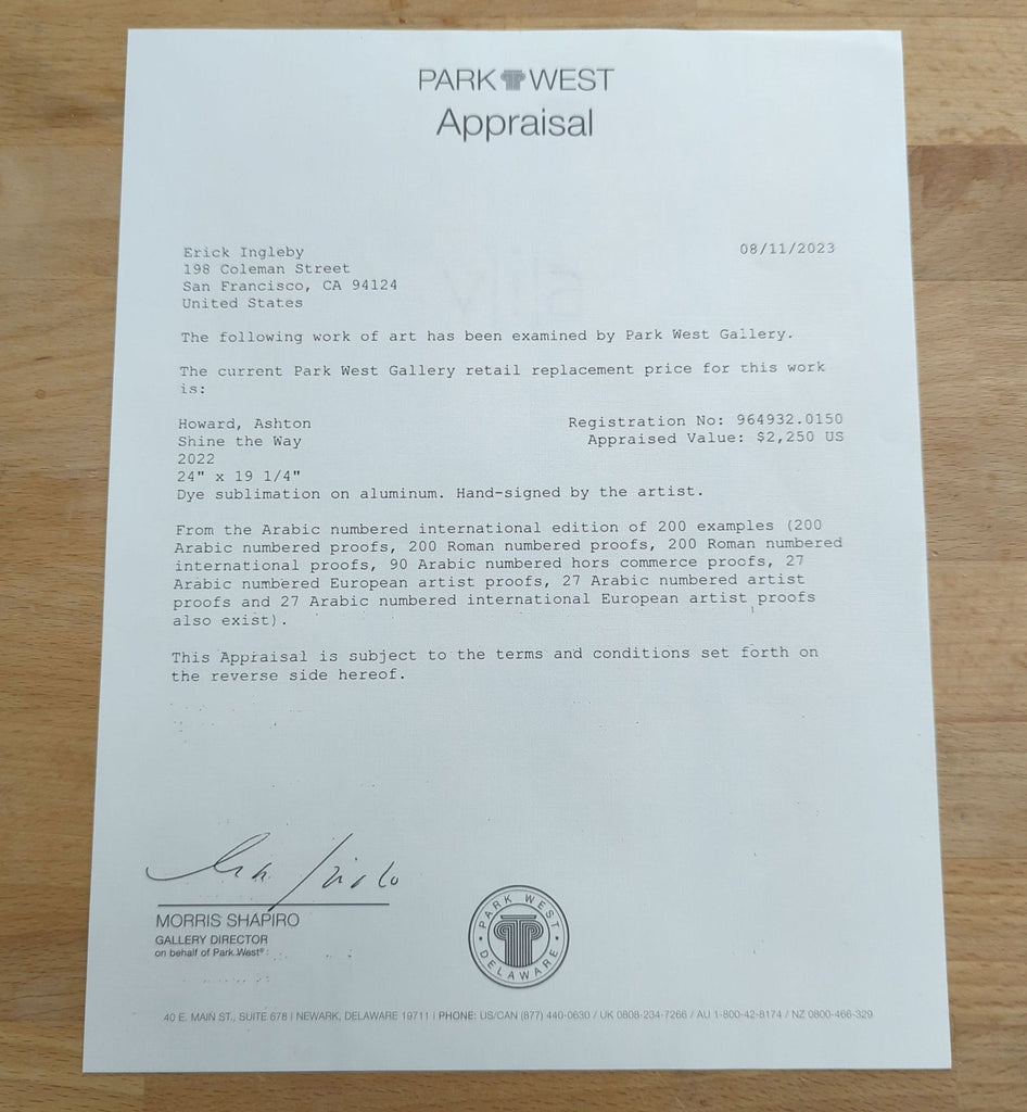 3. Park West Gallery appraisal letter for Ashton Howard’s signed aluminum print, listing value and details.