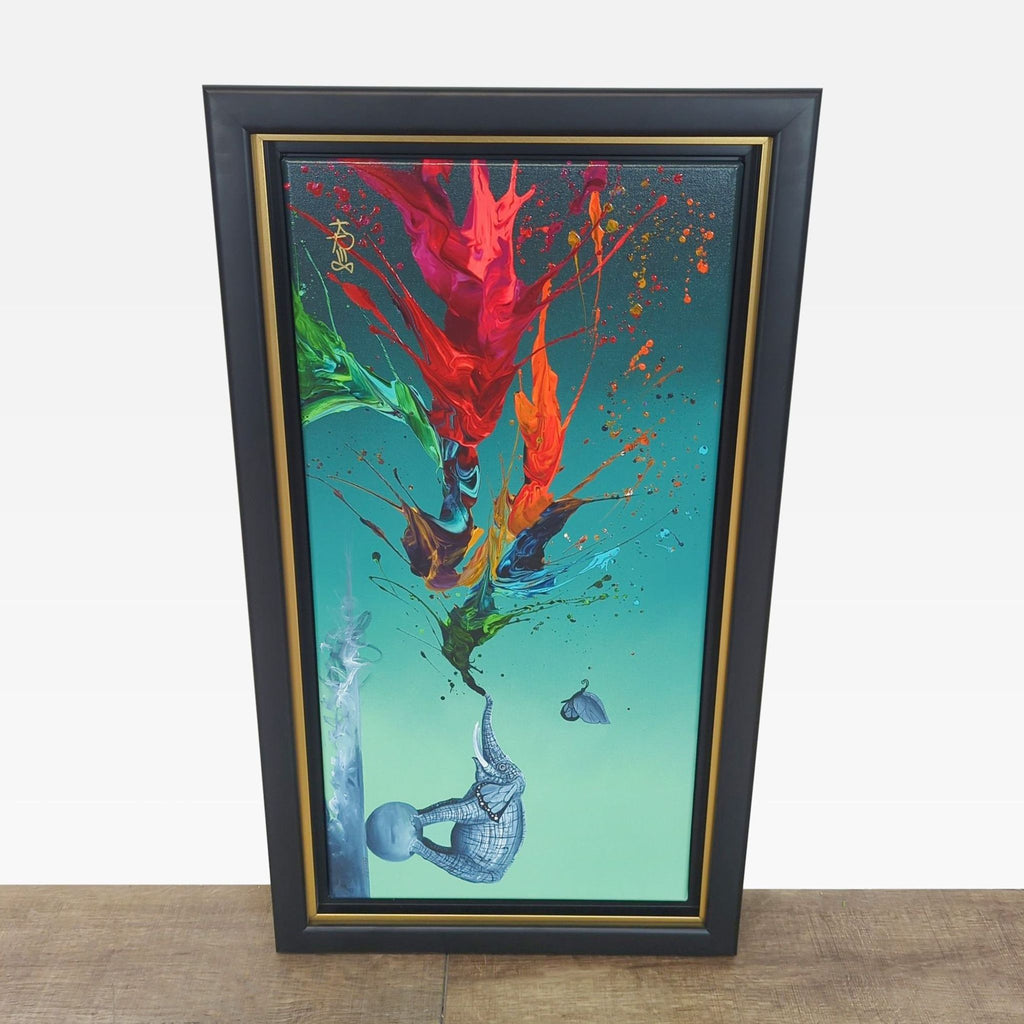 1. Framed abstract giclee canvas by Kevin Kre8, features vibrant splashes and figure, signed by the artist.