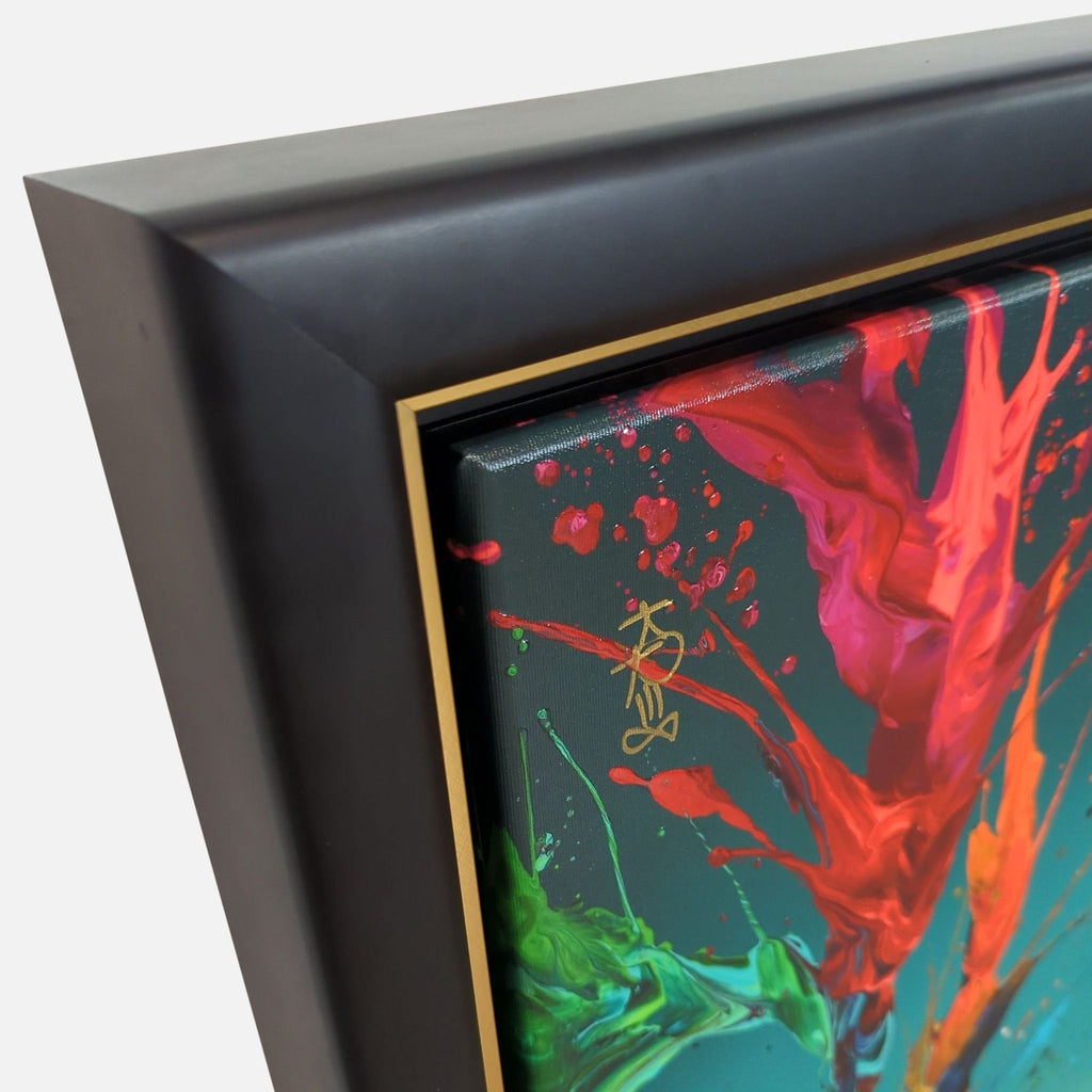 2. Detailed close-up of Kevin Kre8 print showing bold hand-embellished textures and gold pigment signature on canvas.