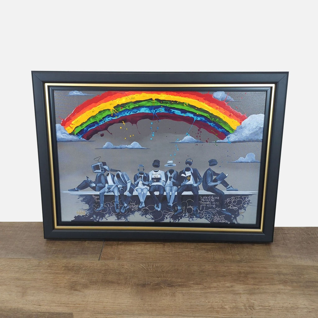 1. Framed giclee print by Kevin Kre8 shows figures under a colorful rainbow, hand signed with embellishments.