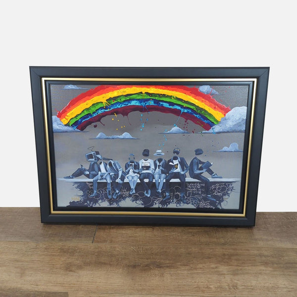 1. Framed giclee print by Kevin Kre8 shows figures under a colorful rainbow, hand signed with embellishments.