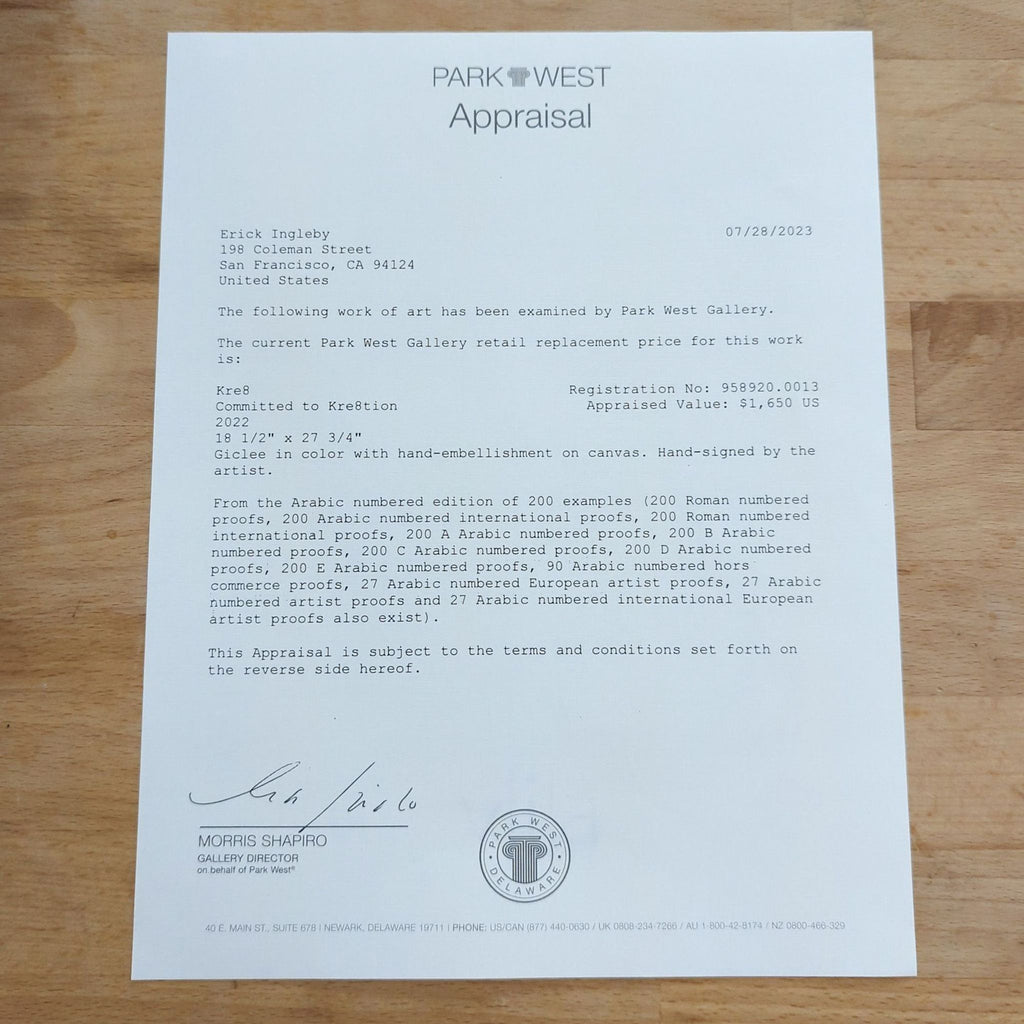 3. Park West Gallery appraisal letter for Kevin Kre8 giclee with hand embellishments, includes size and value.
