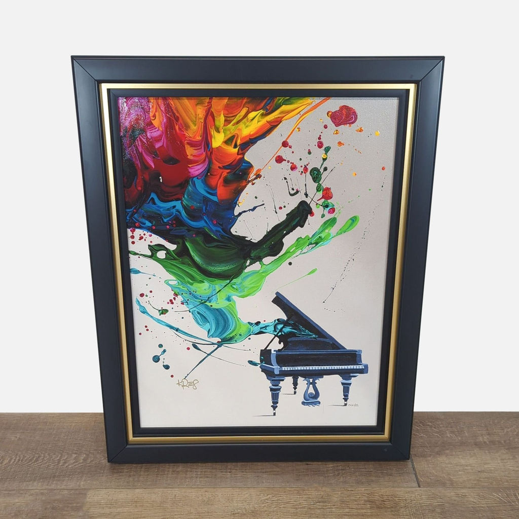 1. Framed giclee print by Kevin Kre8 featuring a vibrant, abstract piano design with bold colors and embellishments.