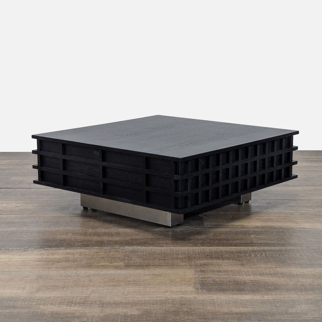 1. Square minimalist coffee table by Blue Ridge Lumina in dark oak with stainless steel base on wood floor.  
