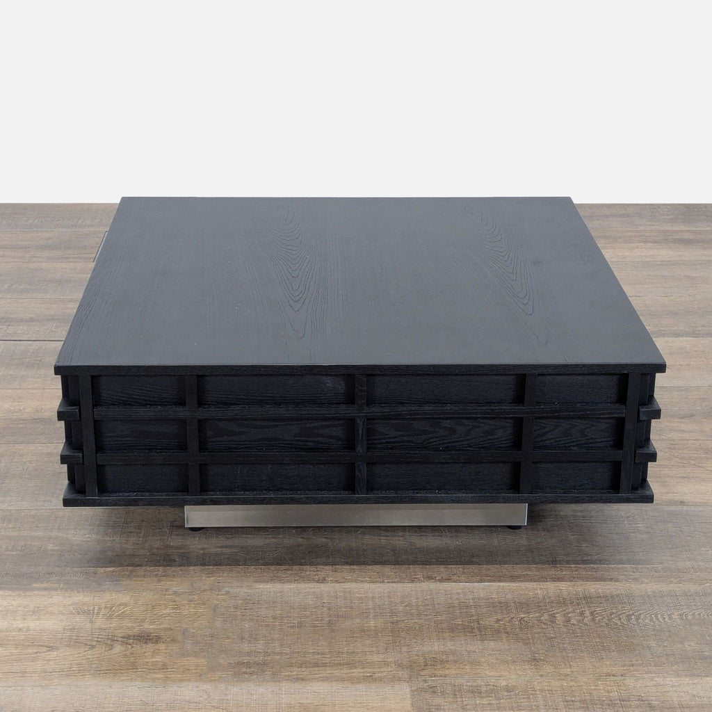 3. Front view of a Japanese minimalist coffee table in dark oak veneer and stainless steel, Blue Ridge Lumina.