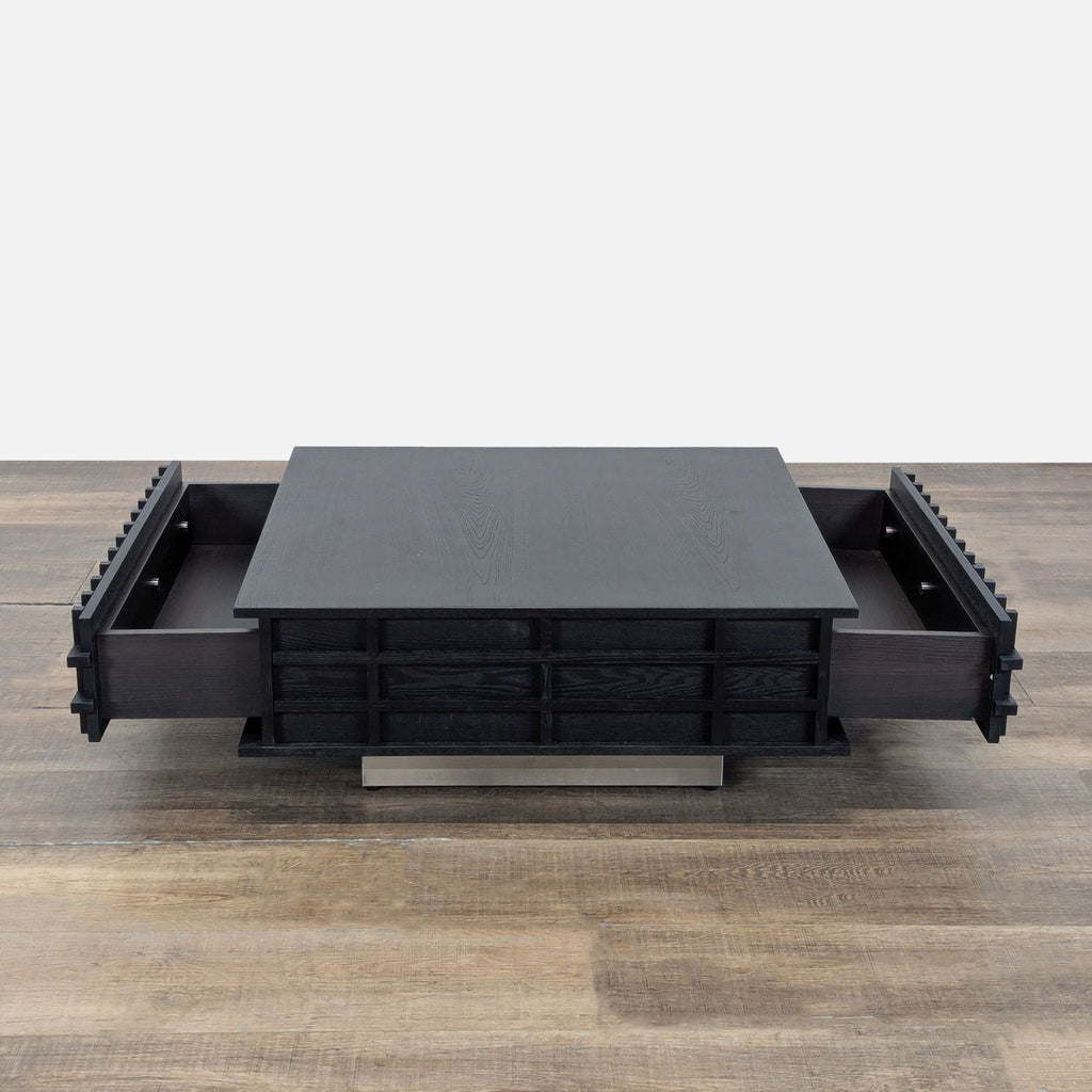 2. Japanese style coffee table with two open side drawers, dark oak finish, stainless steel base, by Blue Ridge Lumina.  