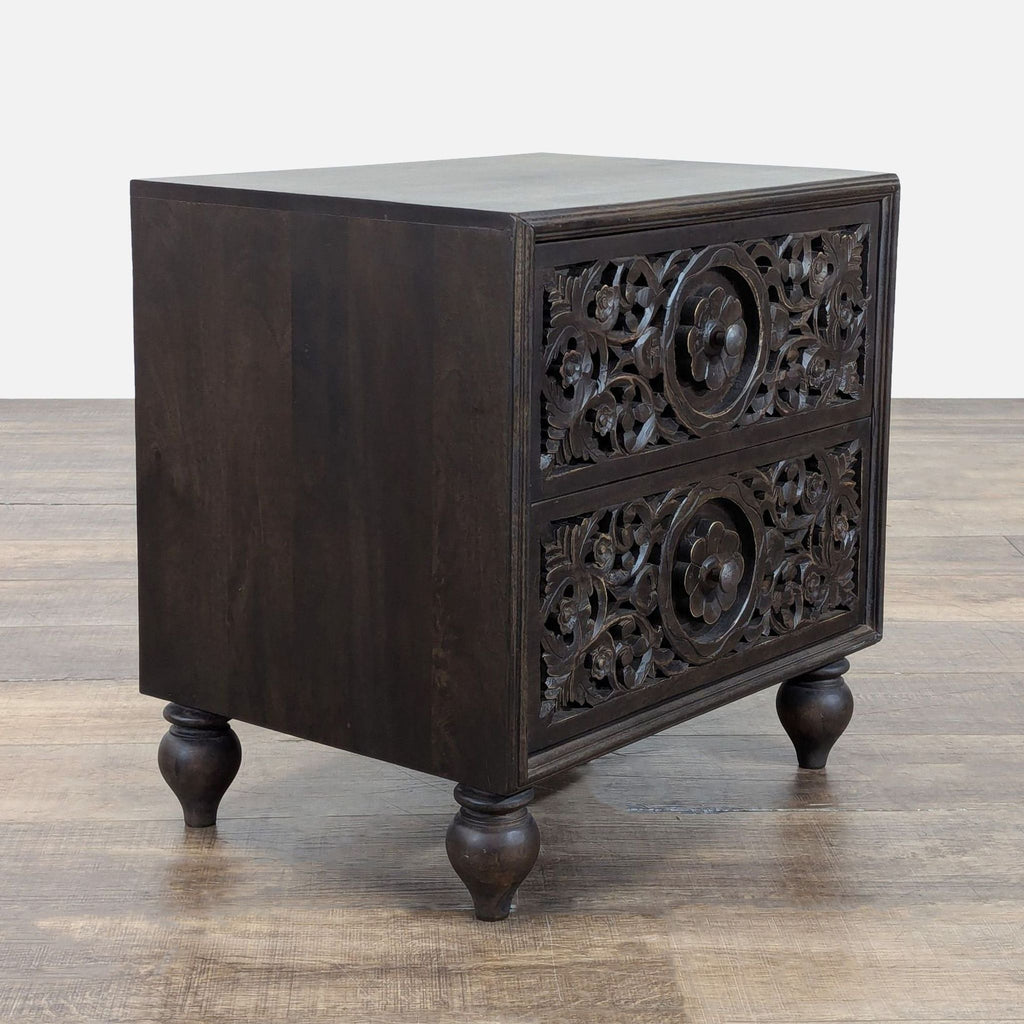 Indian Wooden Hand Carved Two Drawer Nightstand