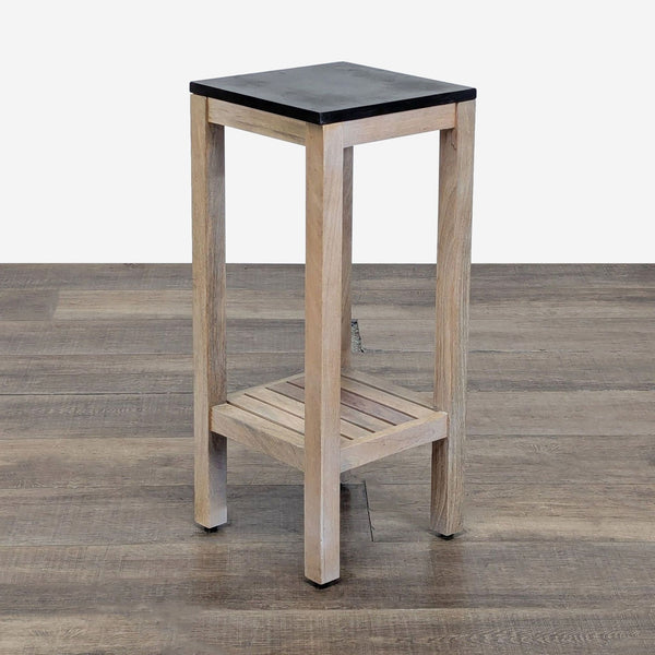 1. Reperch outdoor side table with a wood frame, stone top, and lower wooden slat shelf.