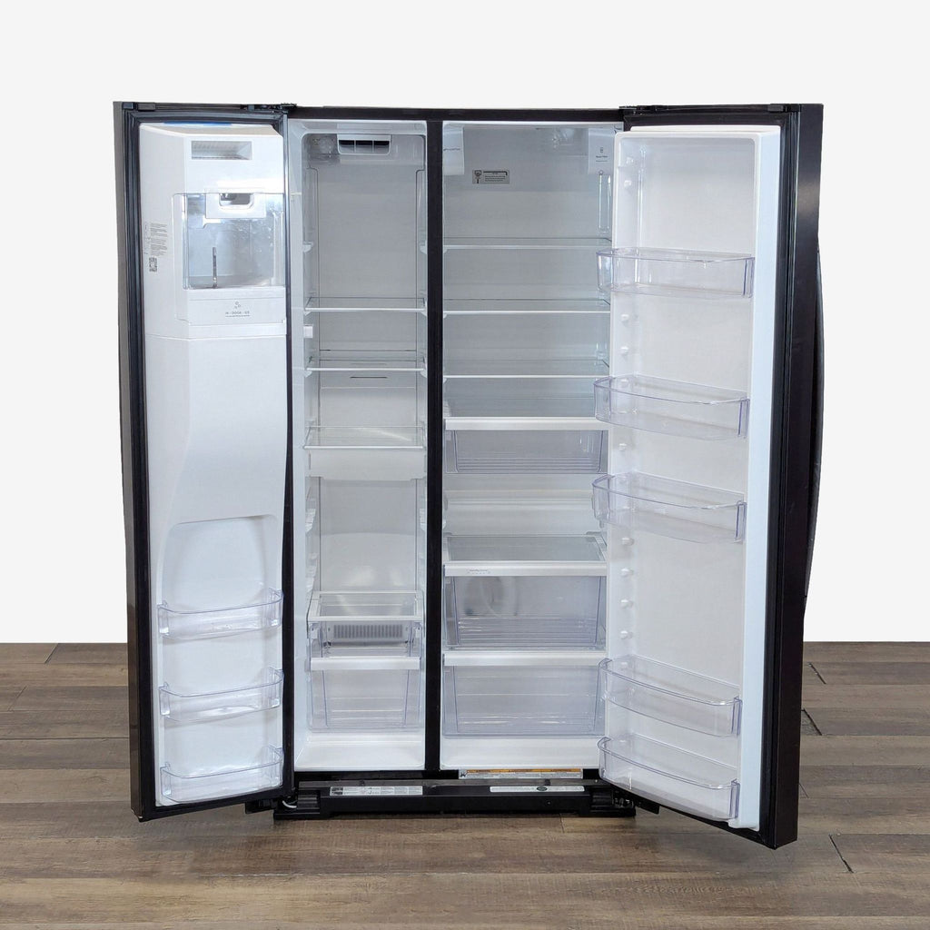 2. Interior of Whirlpool counter-depth refrigerator showing adjustable shelves, LED lighting, and spacious storage bins.