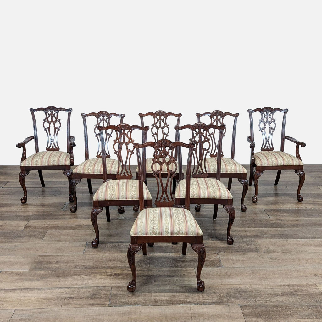 1. Set of eight Ethan Allen dining chairs with carved wood frames, cabriole legs, and striped upholstered seats.
