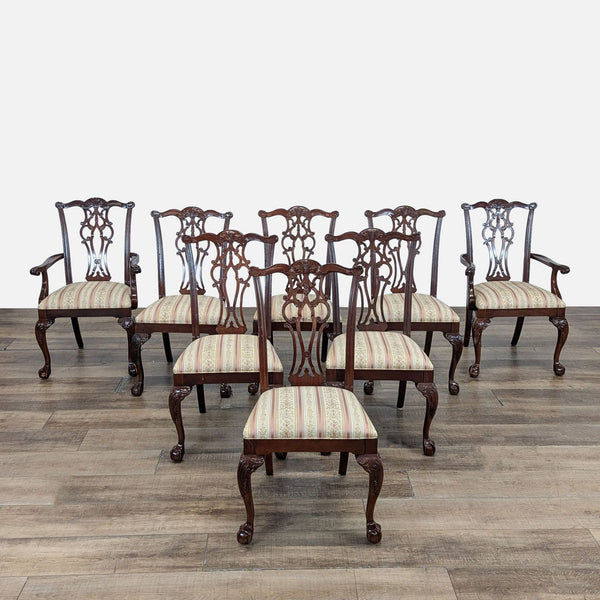 1. Set of eight Ethan Allen dining chairs with carved wood frames, cabriole legs, and striped upholstered seats.