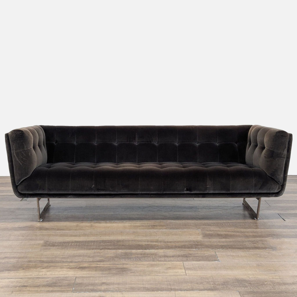 1. Sunpan 3-seat sofa with dark velvet upholstery, button tufting, and sleek metal base shown from the front.