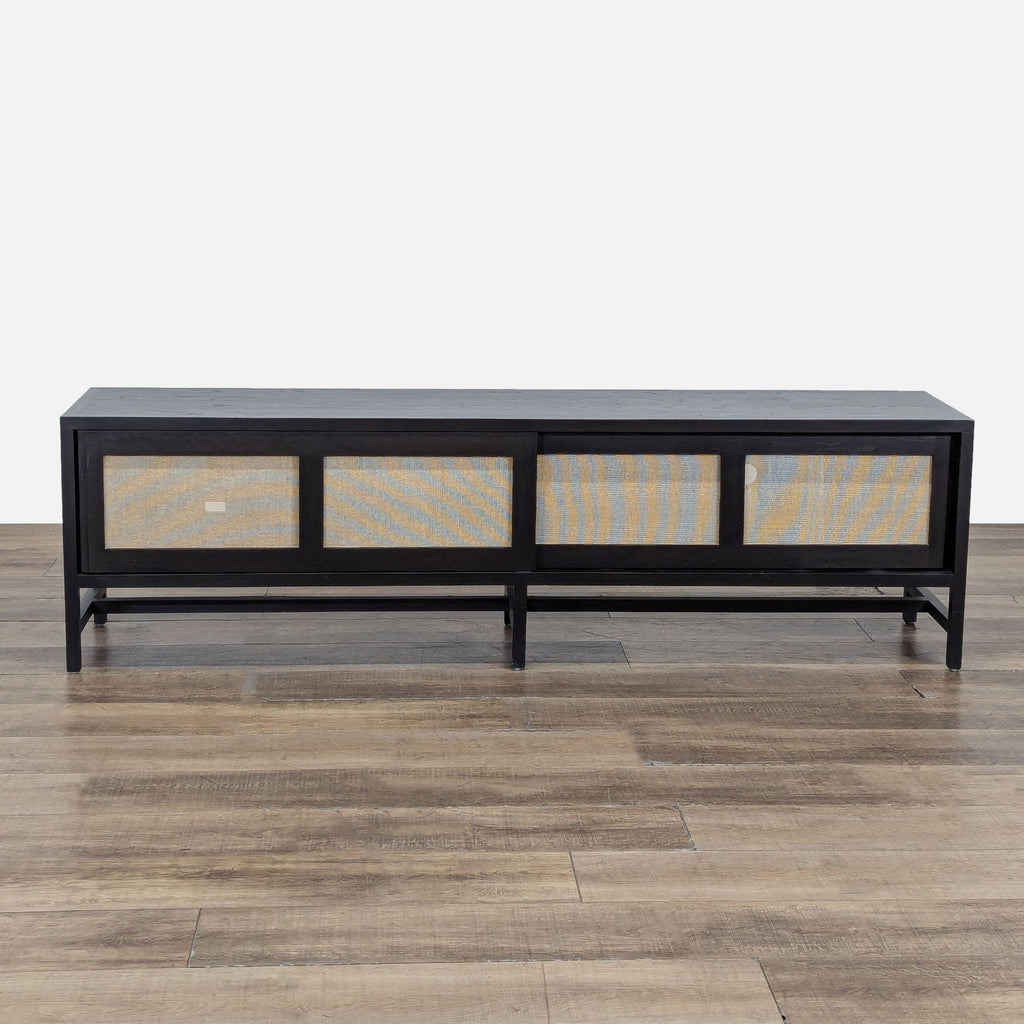 1. Room & Board Berkeley media cabinet with woven sliding panels, handcrafted solid wood, closed for a sleek look.