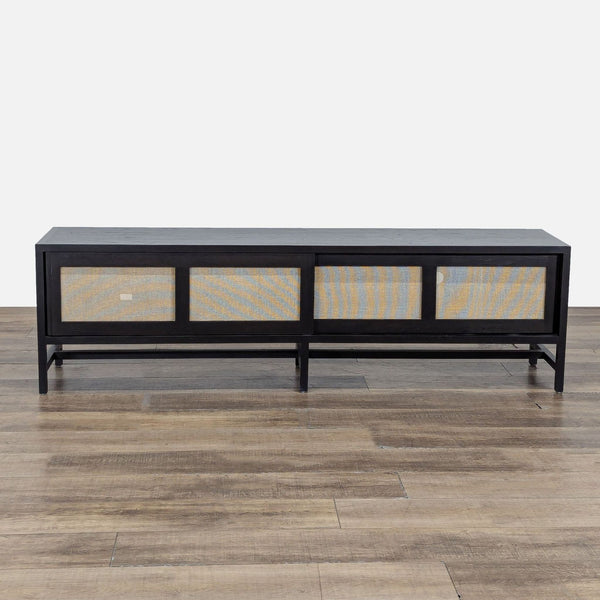 1. Room & Board Berkeley media cabinet with woven sliding panels, handcrafted solid wood, closed for a sleek look.