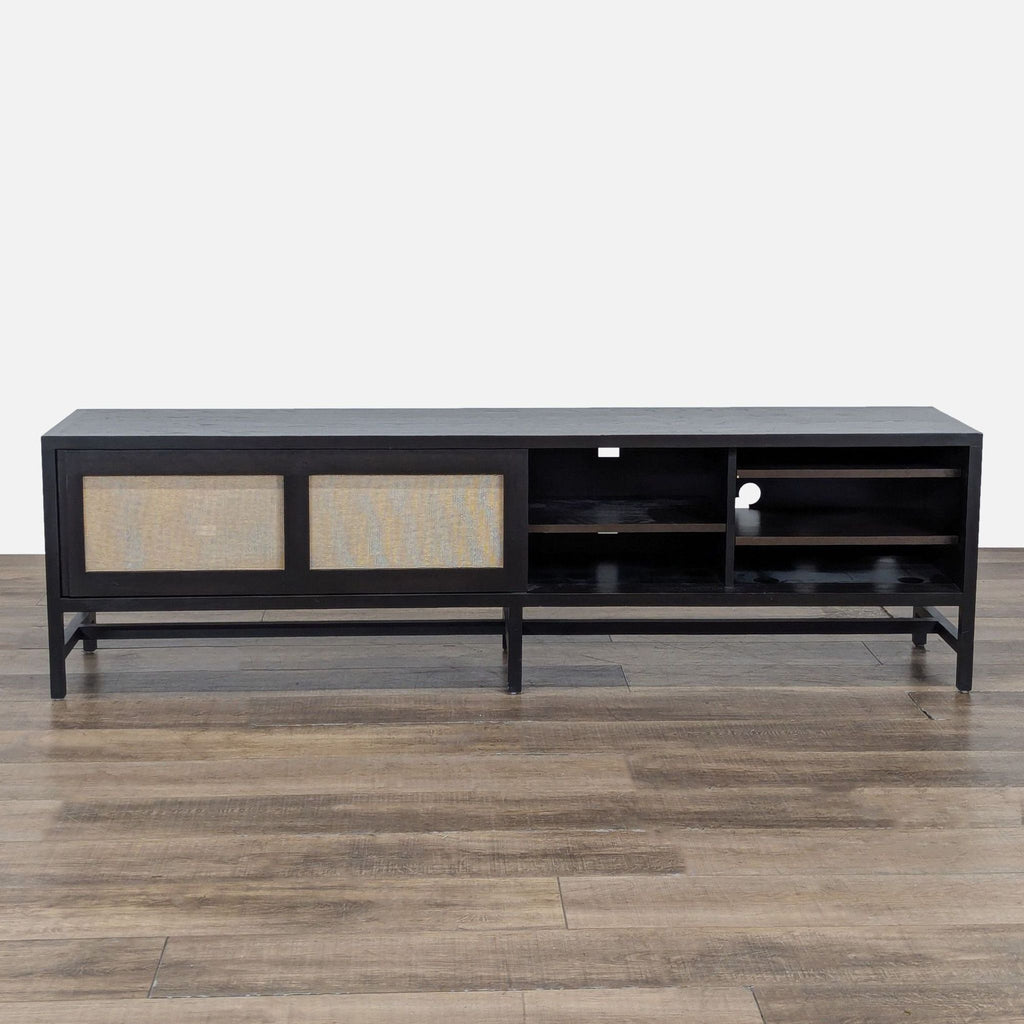 3. Solid wood Berkeley media cabinet with woven sliding doors open, displaying shelves and cord cutouts.