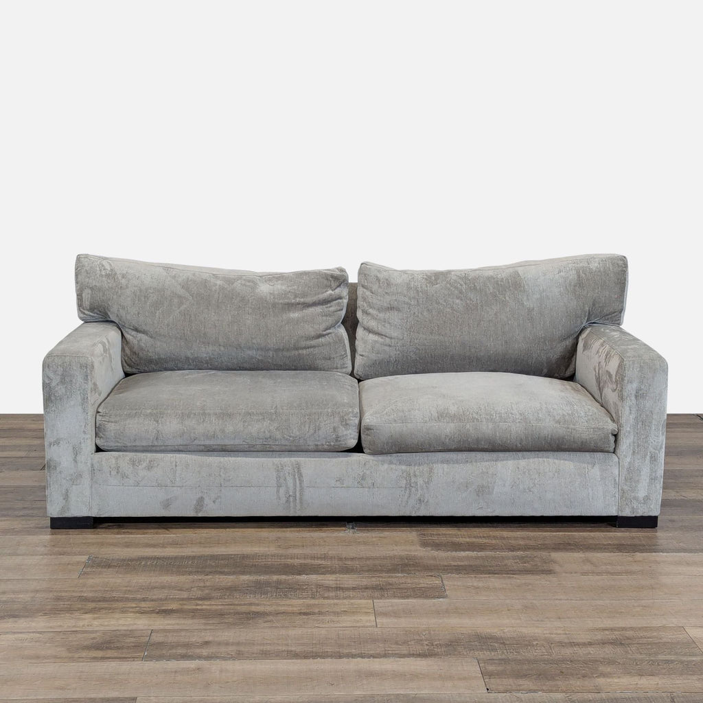 Front view of a Reperch 3-seat sofa with chenille upholstery, plush cushions, and wood block feet.