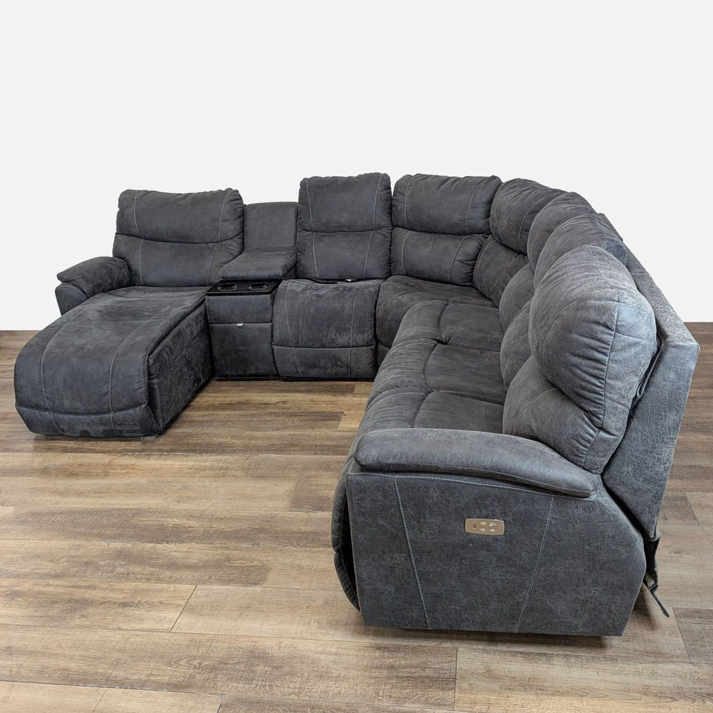 2. Plush La-Z-Boy sectional sofa with chaise storage, built-in cupholders, and electric USB power plug on the side.