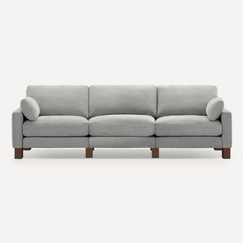 Burrow 3-seat sofa with chenille upholstery in crushed gravel and wooden feet, front view.