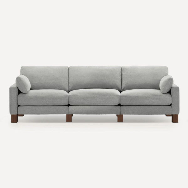 Burrow chenille-upholstered furniture with crushed gravel color and wood feet.