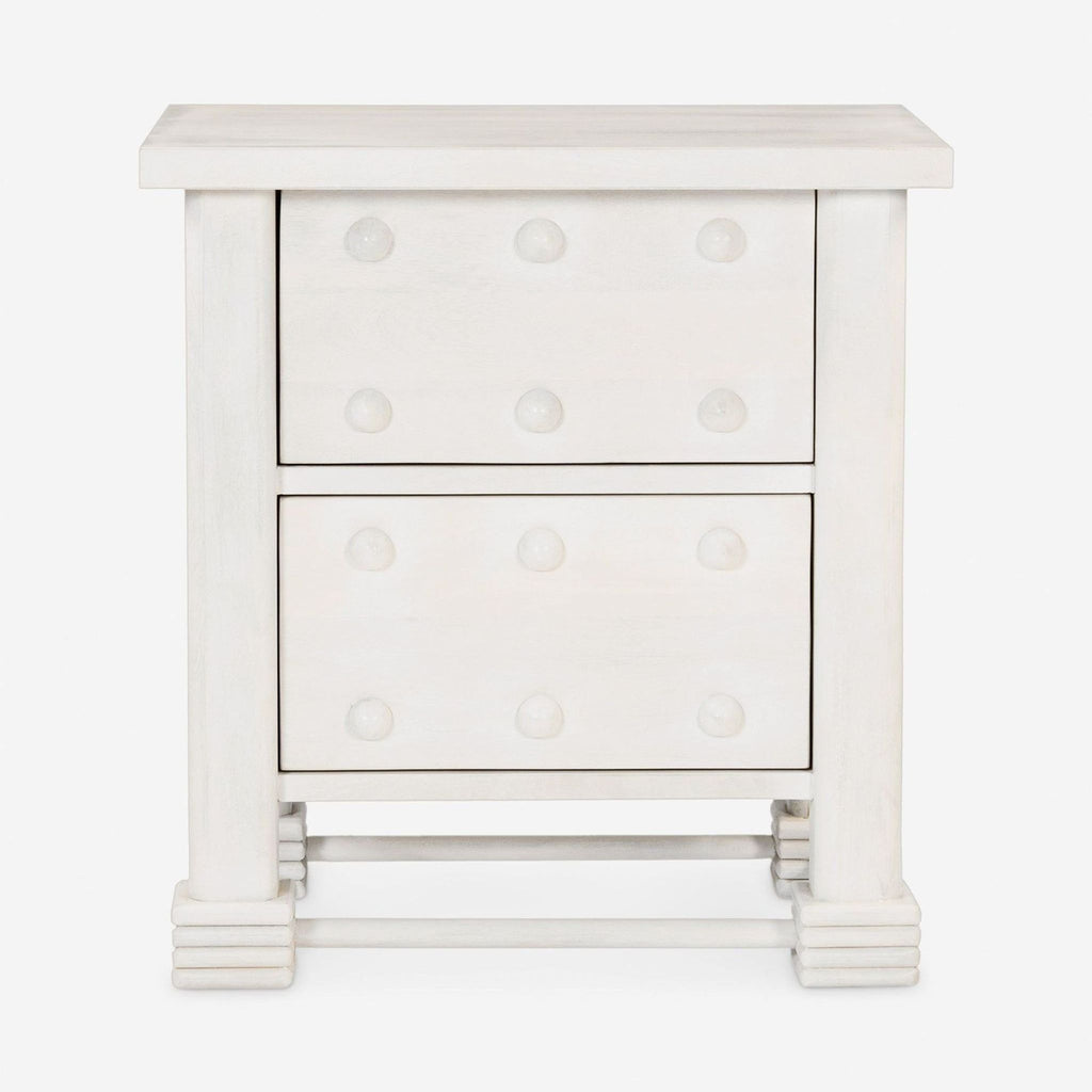 Front view of Lulu and Georgia Laval Nightstand, a whitewashed mango wood end table with knob details.  