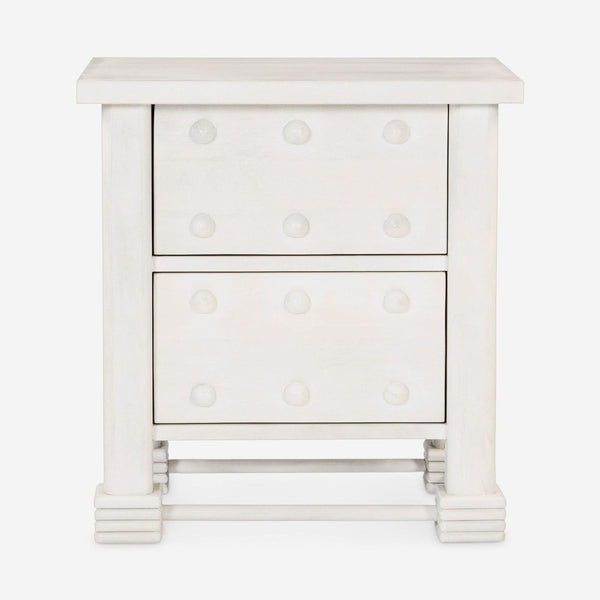 Front view of Lulu and Georgia Laval Nightstand, a whitewashed mango wood end table with knob details.  