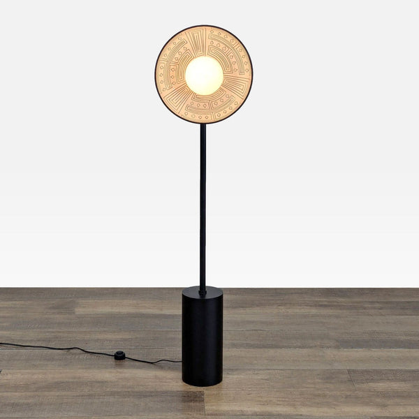 Anthropologie floor lamp with a black metal base and ceramic shade featuring geometric patterns, category Lighting.