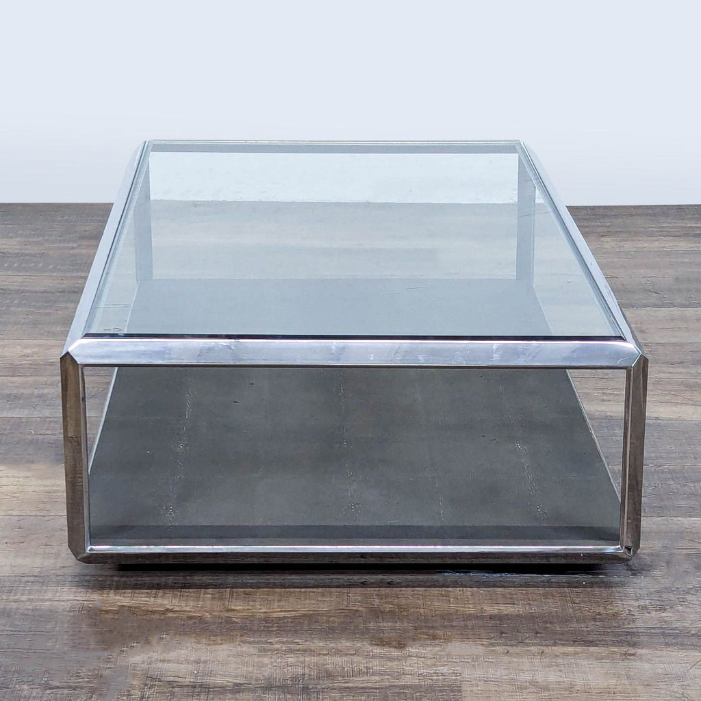 3. Front profile of Restoration Hardware coffee table featuring chrome frame, glass top, and metal shelf, coffee table category.