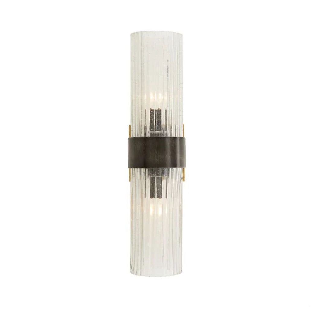 3. Modern Arteriors lighting with an iron center band and clear ribbed seeded glass cylindrical shade.
