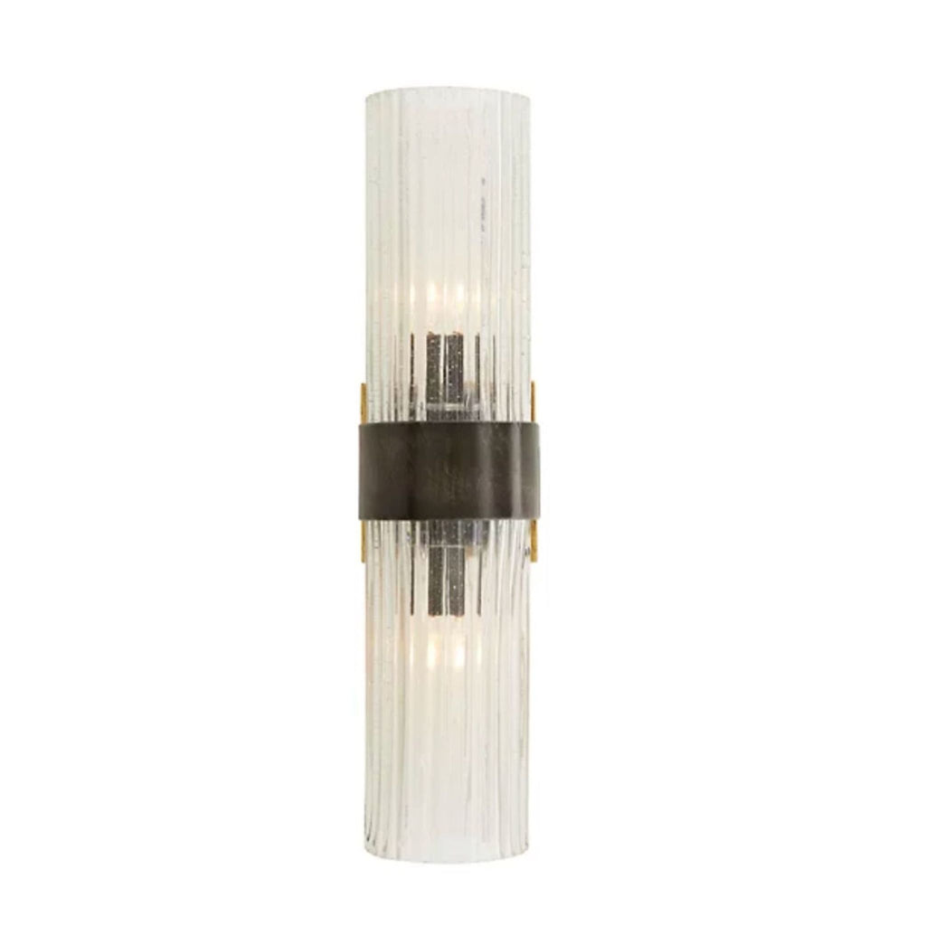 Arteriors lighting fixture with ribbed, clear seeded glass cylindrical shade and dark iron band accent.  